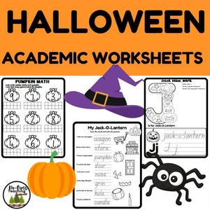 Puede incluir: Hojas de trabajo académicas con temática de Halloween con un sombrero de bruja morado, una calabaza naranja y una araña negra. Las hojas de trabajo incluyen matemáticas de calabaza, una página para colorear Jack-O-Lantern y una actividad para completar. El texto "Halloween Academic Worksheets" es visible.