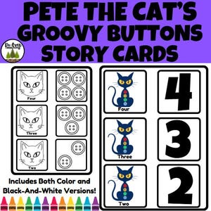 Peut inclure: Cartes d'histoires éducatives mettant en vedette Pete le Chat avec des boutons groovy. Les cartes comprennent des versions couleur et noir et blanc. Les cartes présentent des chiffres et des illustrations de chats. Le texte sur les cartes comprend les chiffres "Quatre", "Trois" et "Deux".