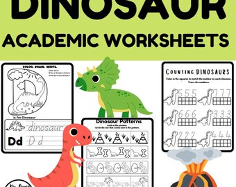 May include: A collection of dinosaur-themed academic worksheets. The top of the image reads "DINOSAUR ACADEMIC WORKSHEETS" in large, bold letters. Worksheets include coloring, writing, counting, and pattern recognition activities. A green triceratops and a red dinosaur are also featured.