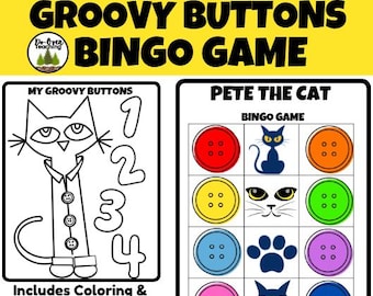 ピート・ザ・キャットのグルーヴィーボタンズ ビンゴゲーム、塗り絵とドットマーカーページ、ブックコンパニオンアクティビティ