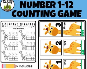 Giraffe Number 1 bis 12 Count and Match Mathe-Spiel Plus Mathe-Arbeitsblätter für Vorschule und Kindergarten