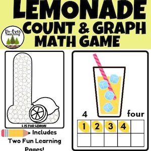 May include: A math game with the title "LEMONADE COUNT & GRAPH MATH GAME". The image includes a glass of lemonade with ice cubes, a lemon, and a counting chart. The text "Includes Two Fun Learning Pages!" is also present.