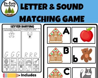 Juego de combinación de letras del alfabeto navideño de jengibre, además de hojas de trabajo de aprendizaje académico para las fiestas sin preparación, para preescolar y jardín de infantes.