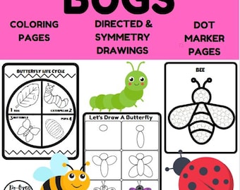 Peut inclure: Une feuille de travail éducative rose intitulée "BUGS" avec des pages à colorier, des dessins dirigés et des pages de marqueurs à points. L'image comprend des illustrations du cycle de vie d'un papillon, d'une chenille, d'une abeille et d'une coccinelle.