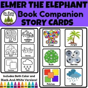 Puede incluir: Tarjetas de cuentos educativos con Elmer el Elefante, con versiones en color y blanco y negro. Las tarjetas incluyen ilustraciones de Elmer, una jungla, un arbusto, bayas, parches y lluvia. El producto está diseñado para la enseñanza.