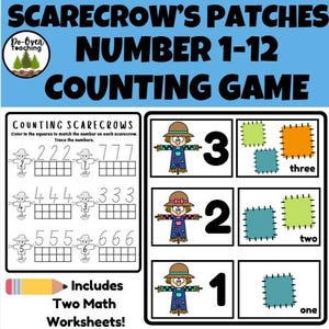May include: Educational worksheet titled "Scarecrow's Patches Number 1-12 Counting Game." Features scarecrow illustrations, numbers, and patches for counting practice. Includes the text "Includes Two Math Worksheets!"