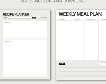Weekly Meal Planner Set - 3-Page PDF | Recipe, Meal & Shopping List | 4 Sizes Included