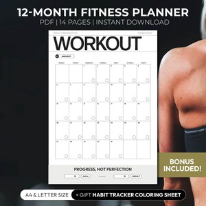 Könnte beinhalten: Ein schwarz-weißer druckbarer Fitnessplaner mit dem Titel "WORKOUT" und dem Monat "JANUARY". Der Planer hat ein Rasterlayout mit Wochentagen und nummerierten Daten. Es gibt Kreise zum Markieren von Workouts. Der Text "PROGRESS, NOT PERFECTION" befindet sich am unteren Rand des Planers. Der Text "BONUS INCLUDED!" befindet sich in einem grünen Feld unten rechts. Der Text "A4 & LETTER SIZE + GIFT HABIT TRACKER COLORING SHEET" befindet sich am unteren Rand der Seite.