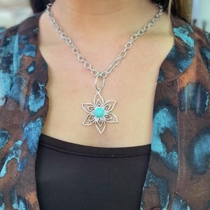 Silver Flower Pendant Necklace with Turquoise Stone – Handmade Boho Jewelry