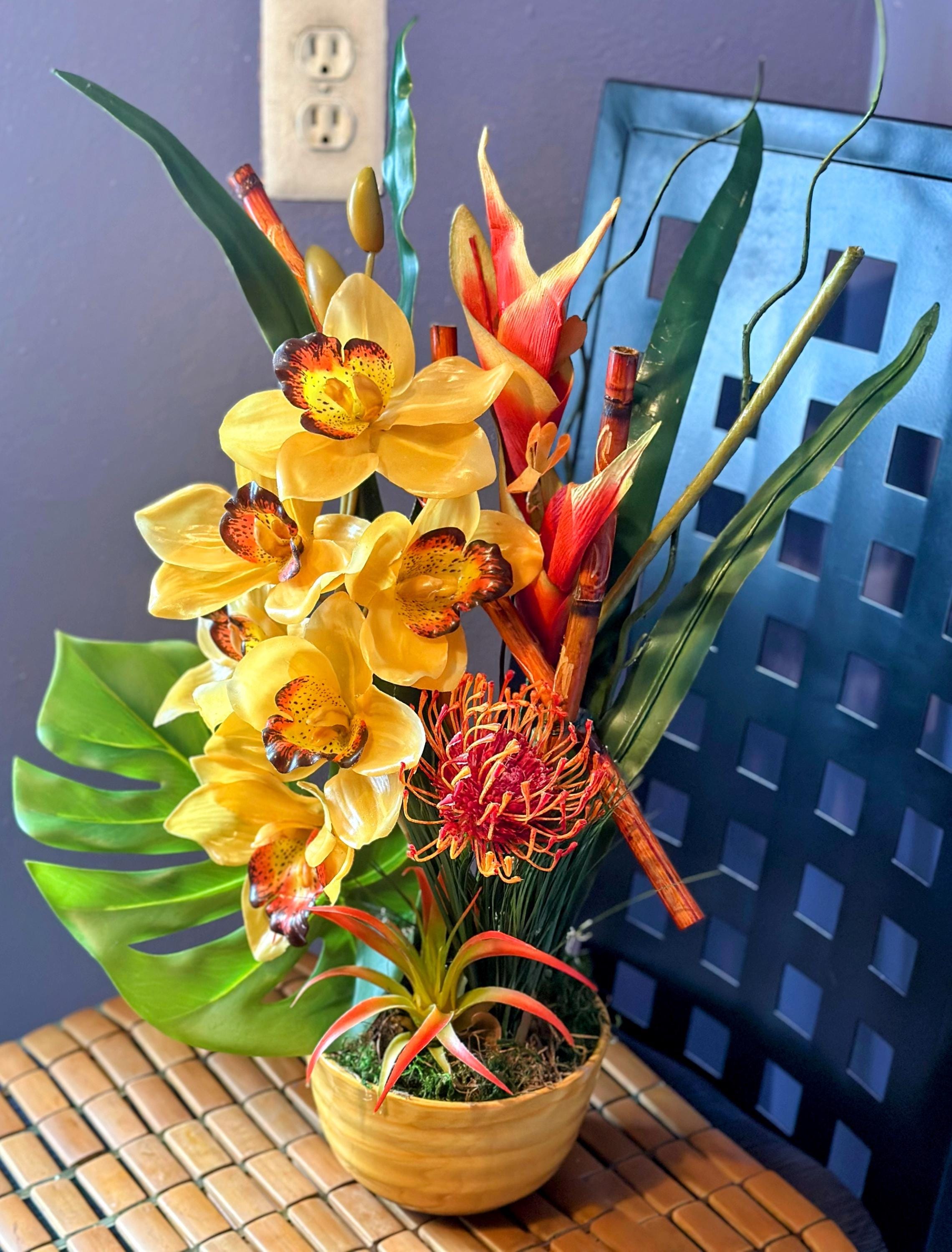 Yellow Orchid Tropical Floral Arrangement in yellow vase - Image 1