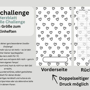 Könnte beinhalten: Ein druckbarer Spar-Tracker mit einem Herz-Doodle-Design. Die Vorderseite zeigt ein Muster aus schwarzen Herzen auf weißem Hintergrund, während die Rückseite ein Raster zur Verfolgung des Sparens hat. Der Text enthält "Sparchallenge" und "Doodle Challenge."