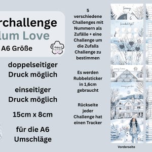 Könnte beinhalten: Sparchallenge im A6-Format mit dem Text "Sparchallenge Tulum Love". Das Bild enthält ein PDF-Symbol, eine Frau in Winterkleidung und mehrere Winter-Challenge-Karten. Die Karten messen 15 cm x 8 cm.