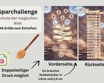 Può includere: Una sfida di risparmio a tema fantasy con il testo "Sparchallenge Schule der magischen Welt" e "Formato A6 per l'inserimento". L'immagine include una scopa, un'icona PDF e una vista anteriore e posteriore della sfida.
