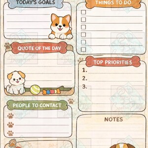 May include: A Daily Agenda notepad with a beige background and dog-themed illustrations. The notepad includes sections for goals, to-do lists, quotes, contacts, priorities, and notes. The text "Daily Agenda" and "Pawsitively Productive!" are displayed at the top.