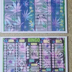 May include: Two bingo cards with a panda bear theme. The cards have a purple and green color scheme with cannabis leaf and panda bear graphics. The word "BINGO" is displayed on one card.