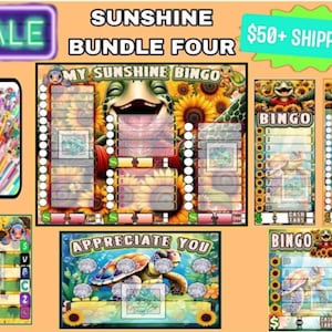 May include: A collection of bingo cards with turtle and sunflower designs. The cards feature the text "SUNSHINE BUNDLE FOUR", "MY SUNSHINE BINGO", "APPRECIATE YOU", and "BINGO". A neon sign reads "SALE".
