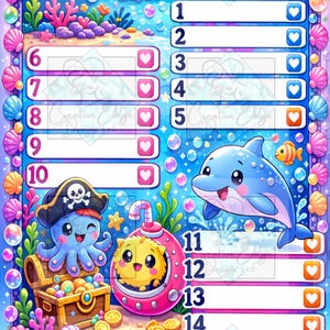 May include: Colorful "Underwater Bingo" game board featuring cartoon sea creatures like a narwhal, clownfish, octopus, and dolphin. The board has numbered spaces, heart-shaped check boxes, and the text "Underwater Bingo".