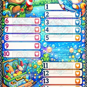 May include: A colorful "Fishing Bingo" game board with cartoon bear and cat characters. The board features numbered spaces, heart icons, and fishing-themed illustrations, with the text "Fishing Bingo" at the top.