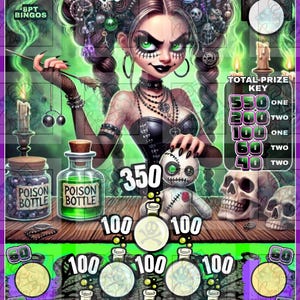 May include: A digital illustration of a slot machine game titled "Poisonous Bingos." The game features a gothic-style woman with green eyes, skulls, poison bottles, and a voodoo doll. The background is a mix of green and purple hues, with the text "Bonus 200" displayed.