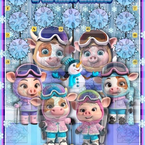 May include: A digital illustration with the text "GRATITUDE IN THE FROSTY ALTITUDES" and "A BIG THANKS FOR ALL YOUR SUPPORT". The image features cartoon animals in winter attire, including a snowman, cows, and pigs wearing ski goggles and winter clothing.
