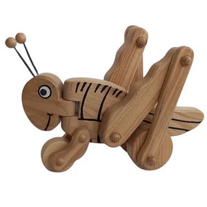 children&#39;s toy, moving grasshopper on wheels, handmade, made of wood, covered with ecological varnish, moves in two directions