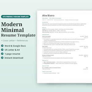 Modern Resume Template for Google Docs & Word, Minimalist ATS CV with Cover Letter