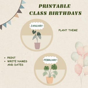 Quadro de aniversários para sala de aula com plantas, lembretes, kit de quadro de avisos, tema de flores, cartões de aniversário, materiais escolares para impressão, download digital