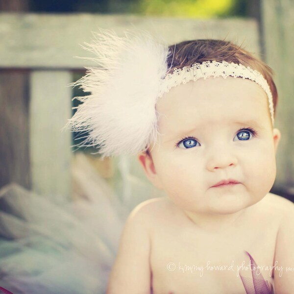 Baby Lace Headband with maribou pouf in Cream White Pink Lavender Black