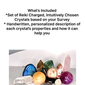 May include: A collection of various crystals in different shapes and colors, including blue, clear, pink, and orange. The crystals are arranged on a white surface. The image includes text that says "What's Included".