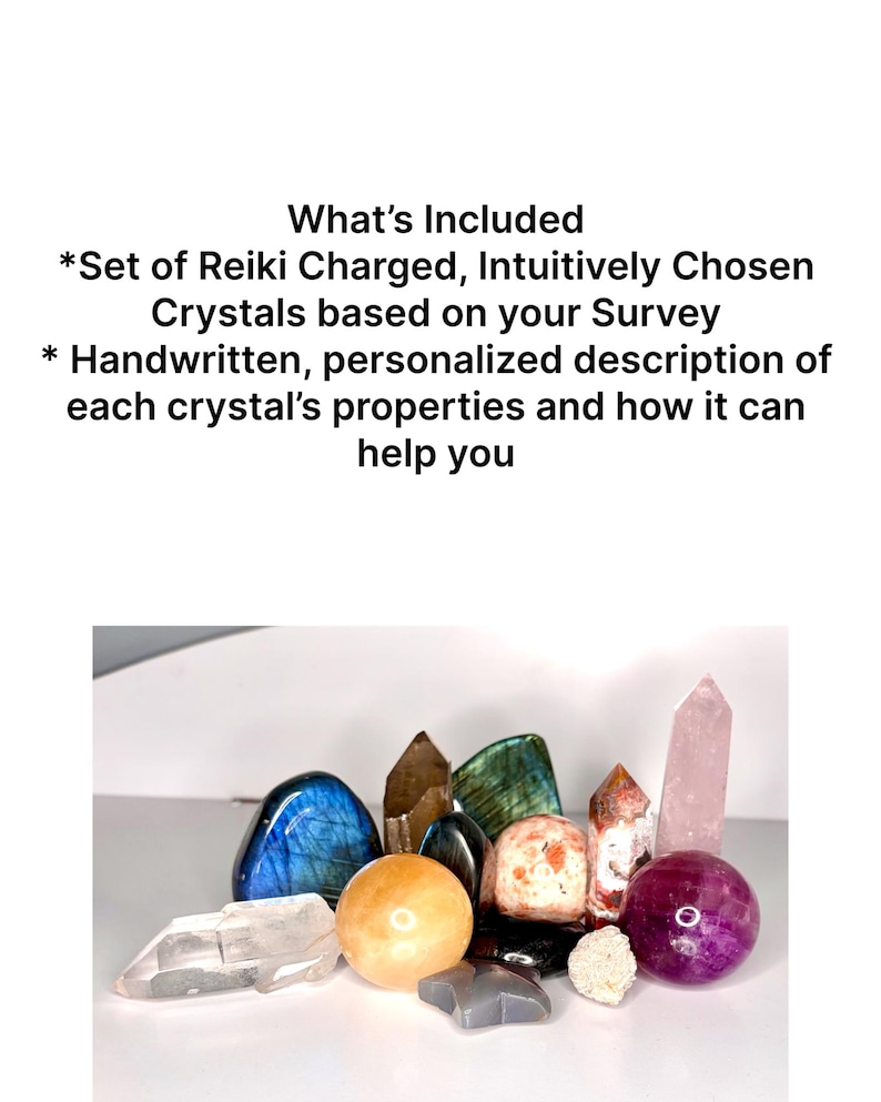 May include: A collection of various crystals in different shapes and colors, including blue, clear, pink, and orange. The crystals are arranged on a white surface. The image includes text that says "What's Included".