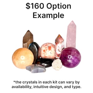 May include: A collection of various crystals, including spheres and pointed shapes, in shades of brown, orange, pink, and purple. The text "$160 Option Example" is at the top, with additional text at the bottom. The crystals are arranged on a white background.