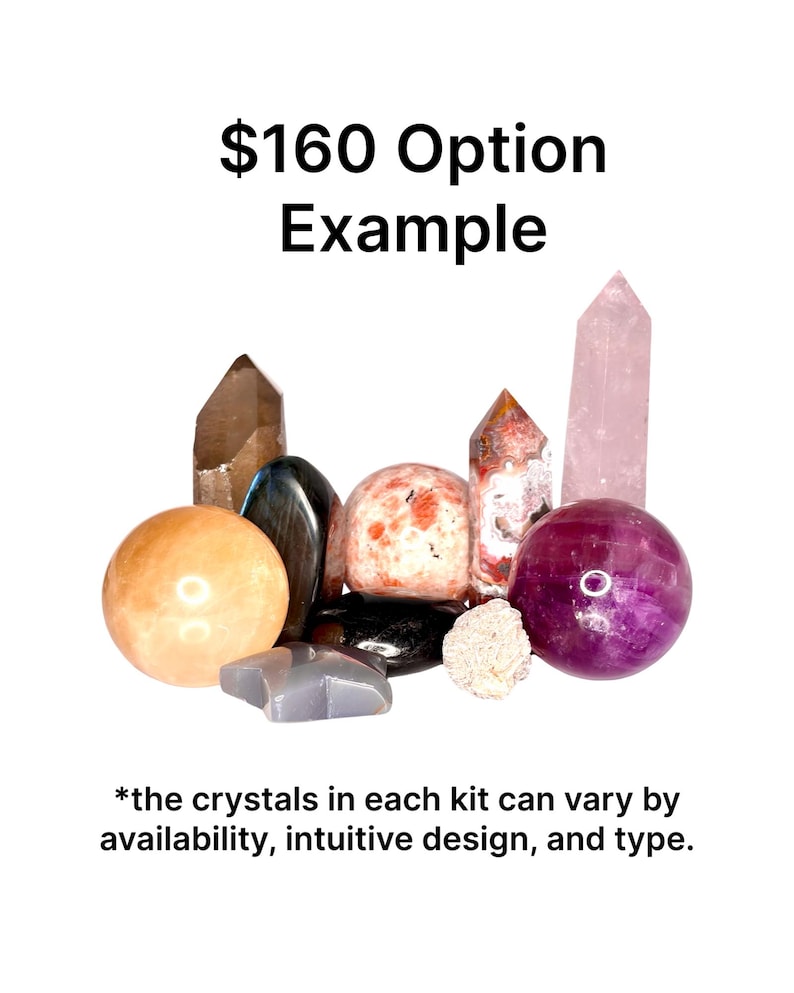 May include: A collection of various crystals, including spheres and pointed shapes, in shades of brown, orange, pink, and purple. The text "$160 Option Example" is at the top, with additional text at the bottom. The crystals are arranged on a white background.