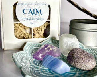 Calm Crystal Intention Set: Selenite, Amethyst, Agate, Lepidolite for Stress Relief