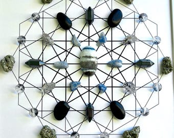 Grounding Crystal Grid Wall Art | 11x14 Matted Sacred Geometry | Blue Owyhee Opal, Shungite & Pyrite | Confidence Gift, Spiritual Wall Decor