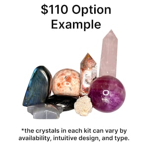 May include: A collection of various crystals, including a labradorite, a sunstone, a quartz point, and a fluorite sphere. The text "$110 Option Example" is displayed above the crystals. The text "*the crystals in each kit can vary by availability, intuitive design, and type." is displayed below the crystals.