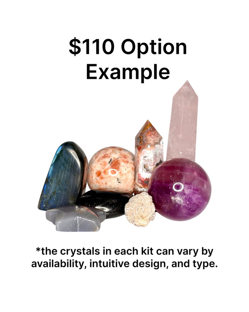 May include: A collection of various crystals, including a labradorite, a sunstone, a quartz point, and a fluorite sphere. The text "$110 Option Example" is displayed above the crystals. The text "*the crystals in each kit can vary by availability, intuitive design, and type." is displayed below the crystals.