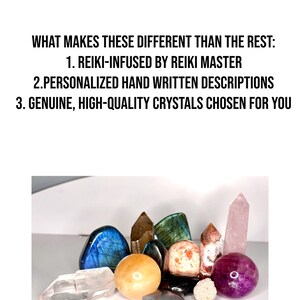 May include: A collection of various crystals and gemstones in different shapes and colors. The image includes a blue labradorite, a clear quartz point, a pink rose quartz tower, and a purple sphere. Text on the image states: Reiki-infused by Reiki Master.