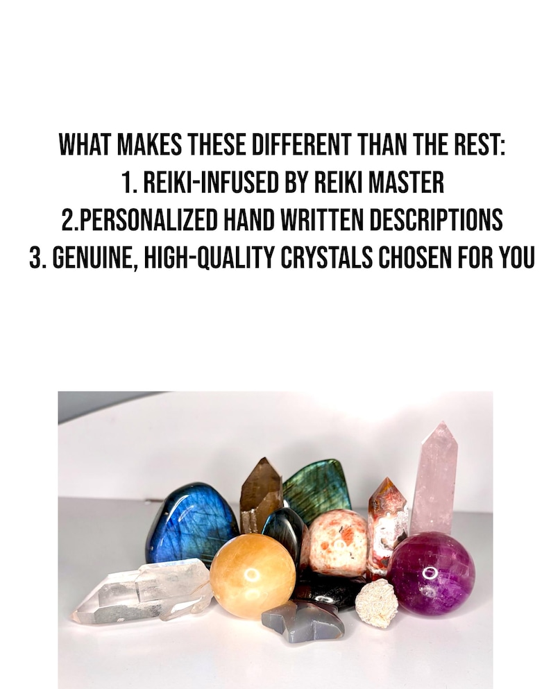 May include: A collection of various crystals and gemstones in different shapes and colors. The image includes a blue labradorite, a clear quartz point, a pink rose quartz tower, and a purple sphere. Text on the image states: Reiki-infused by Reiki Master.