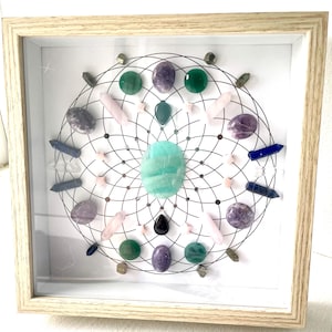 Crystal Grid Wall Art – Harmony & Emotional Balance – 8” x 8” Natural Wood Seed of Life Shadowbox- Crystal Home Decor or Spiritual Gift