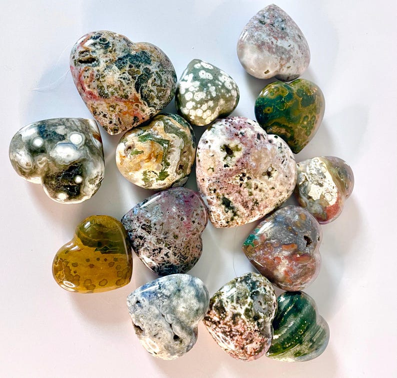 Crystal Ocean Jasper Heart: Madagascar Orbicular Stone, Boho Shelf Decor or Home Accent, Stocking Stuffer for Nature Lover Bild 1