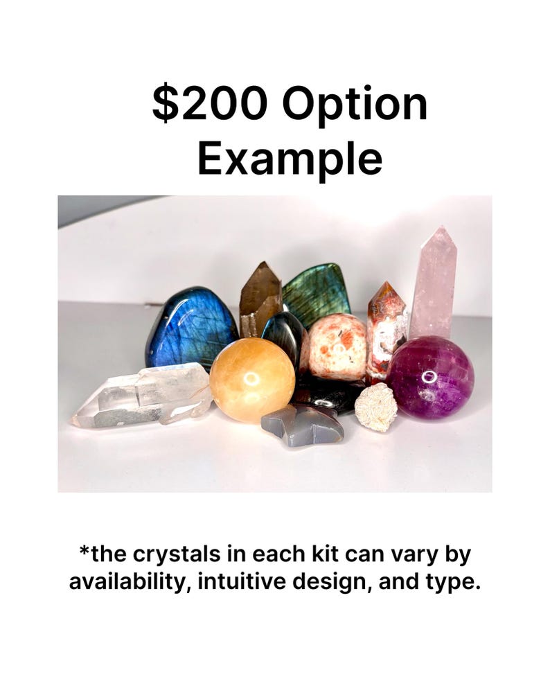 May include: A collection of various crystals, including a blue labradorite, a clear quartz point, and a pink quartz tower. The text "$200 Option Example" is at the top. The text at the bottom says "*the crystals in each kit can vary by availability, intuitive design, and type."