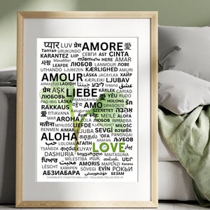 AMOR en 113 idiomas, Arte de pared exclusivo y cognitivo, Afirmación, Variaciones de colección, Decoración saludable del hogar, Formato de retrato de impresión de arte premium