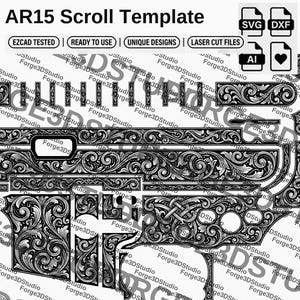 Könnte beinhalten: AR15 Scroll Vorlage mit aufwendigem Rankenwerk-Design. Enthält SVG-, DXF- und AI-Dateiformate. Das Design ist als EZCAD getestet, einsatzbereit und verfügt über einzigartige Designs für Laserschnittdateien.