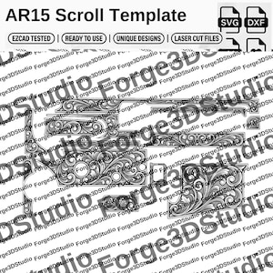 Puede incluir: Una plantilla digital AR15 Scroll Template con intrincados patrones de grabado floral en blanco y negro para corte láser. La imagen incluye etiquetas de texto como AR15 Scroll Template, EZCAD TESTED, READY TO USE, UNIQUE DESIGNS y LASER CUT FILES.
