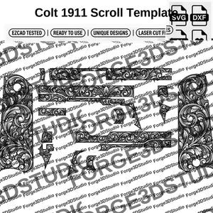 May include: A black and white digital Colt 1911 scroll template featuring intricate floral engraving patterns for firearm grips and slide components. The image includes text labels such as Colt 1911 Scroll Template, SVG, DXF, EZCAD TESTED, READY TO USE, and UNIQUE DESIGNS.