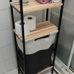 Kosz na pranie, Drewniana półka na brudne rzeczy, 2-poziomowy duży, zamykany, wielofunkcyjny organizer łazienkowy