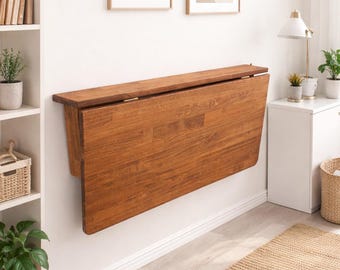Solid Wood Wall-Mounted Folding Desk with Shelves – Space-Saving Floating Workspace