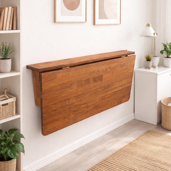 Escritorio plegable de madera maciza para montaje en pared con estantes: espacio de trabajo flotante que ahorra espacio.