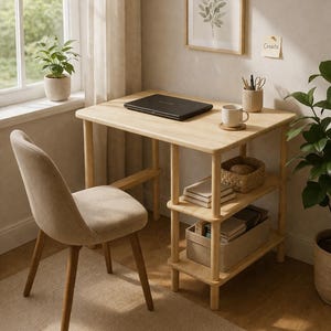 Escritorio de madera natural hecho a mano: escritorio minimalista para computadora de oficina en casa con estante