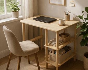 Handmade Natural Wood Desk: Minimalist Home Office Computer Desk with Shelf